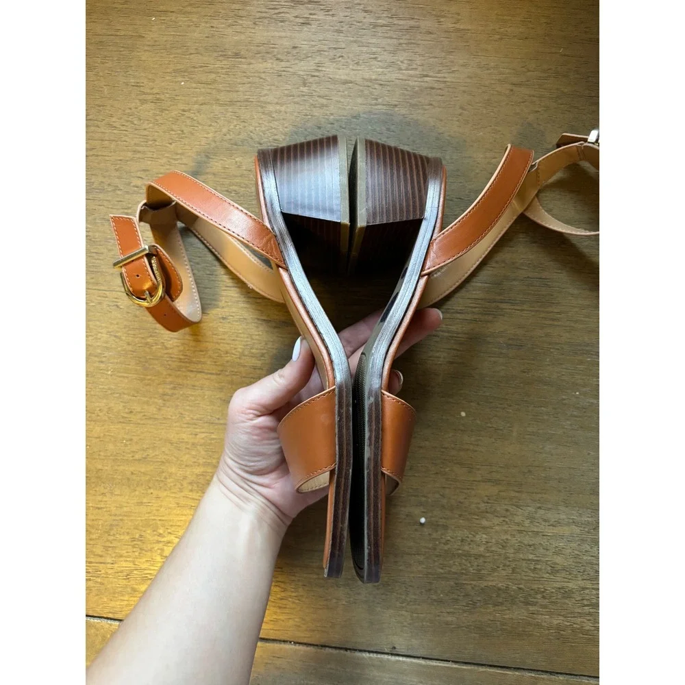 Tommy Hilfiger Tan Brown Ankle Strap Block Heel Square Toe Sandals